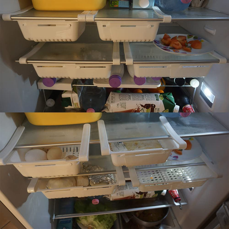 4 Cestini per frigorifero allungabili fino a 28cm plastica resistente adatta agli alimenti colore bianco organizer frigo